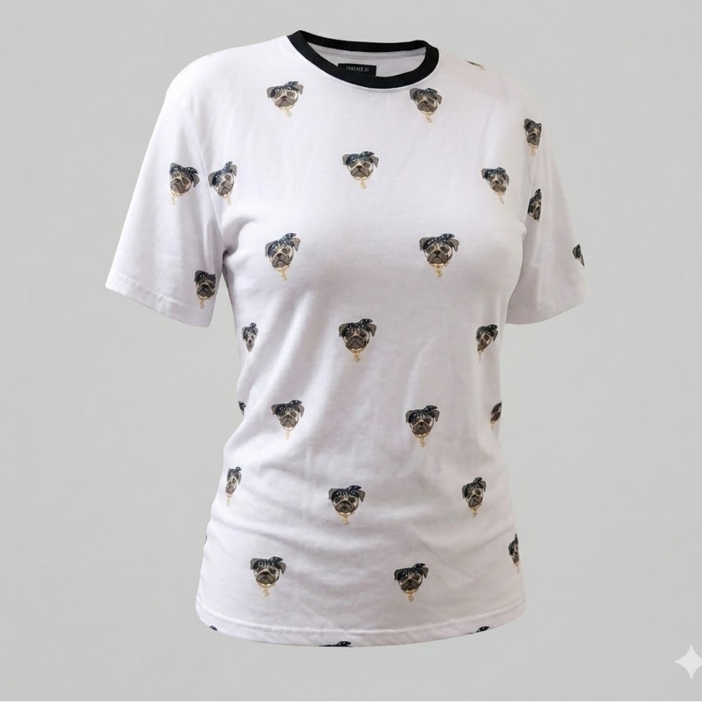 NWOT White Dog Print Tee with Black Trim